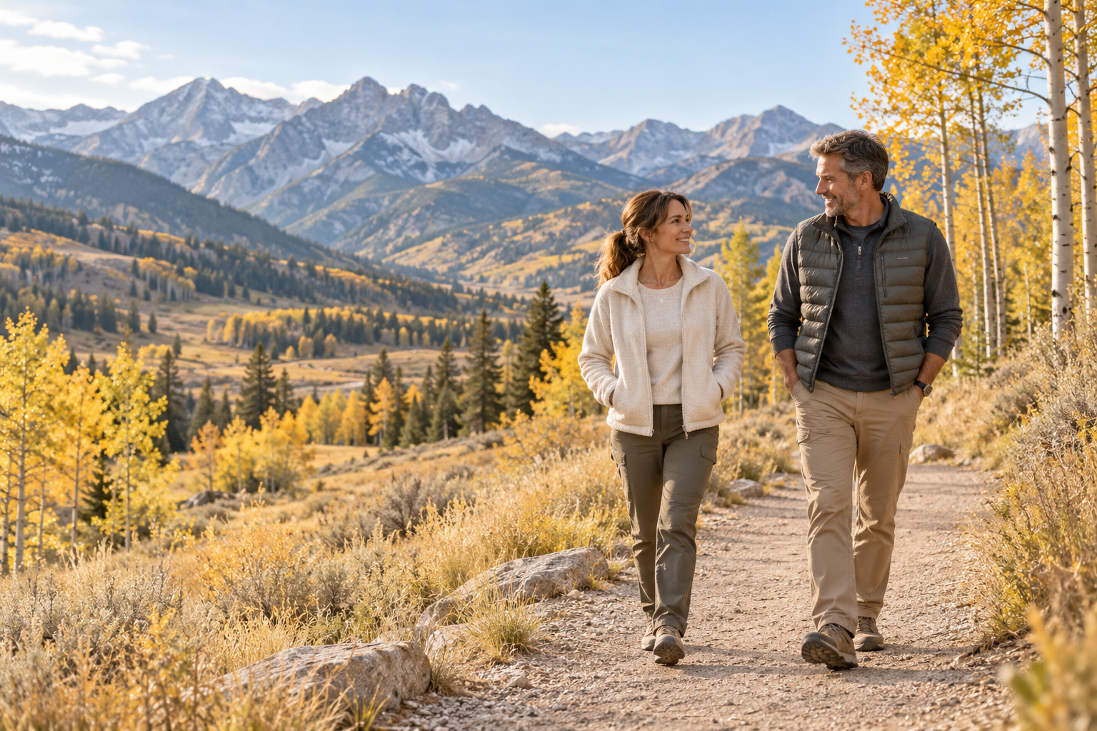 Illustrative adults enjoying an easy walk in a Utah-inspired foothill landscape